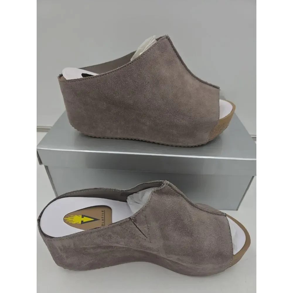 Volatile Carrier Taupe Womens Size 8 Suede Leather Slide Wedge Platform Sandals - Picture 2 of 5